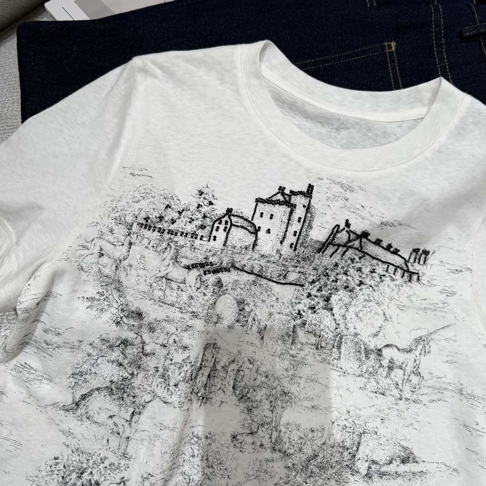 Dior Women T-Shirt White Cotton and Linen Jersey with Black Toile de Jouy Scotland Motif - image 4