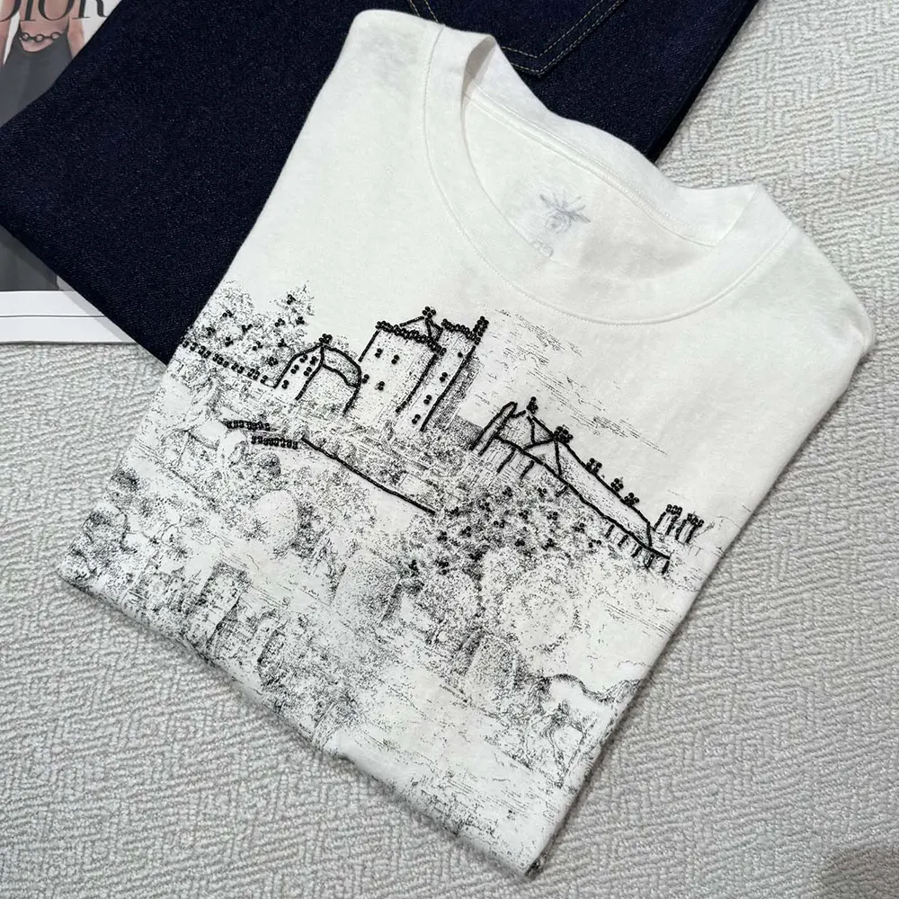 Close-up detail showing black Toile de Jouy Scotland print on Dior Women T-Shirt