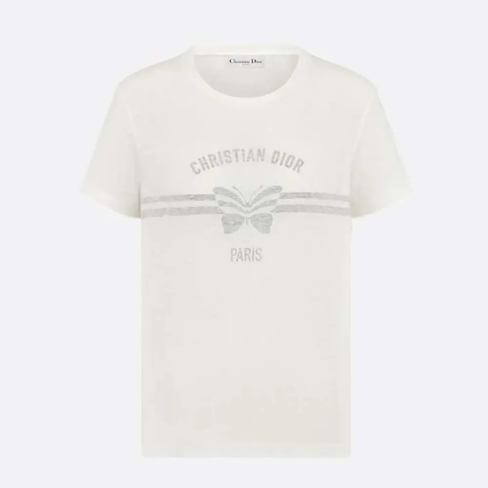 Dior Women T-Shirt White Cotton and Linen Jersey with Gray Christian Dior Papill