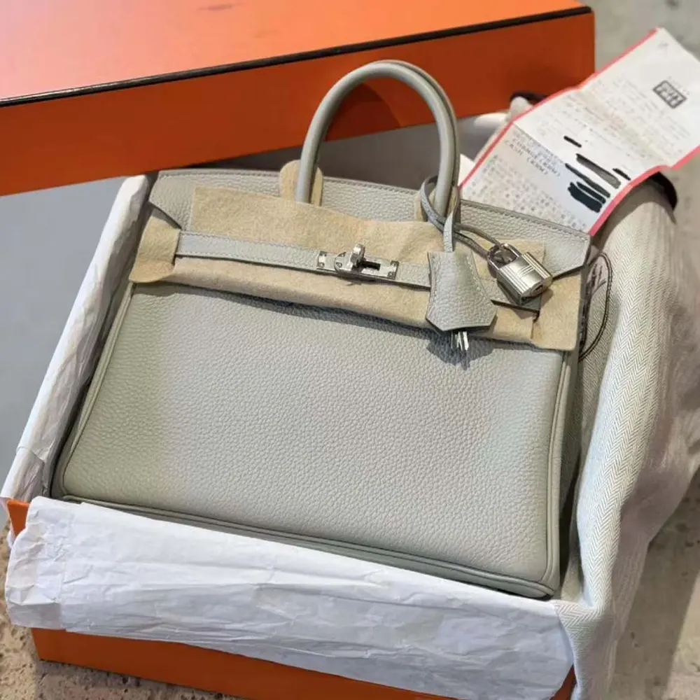Close-up on silver hardware and textured leather on Hermes Birkin 25 Bag