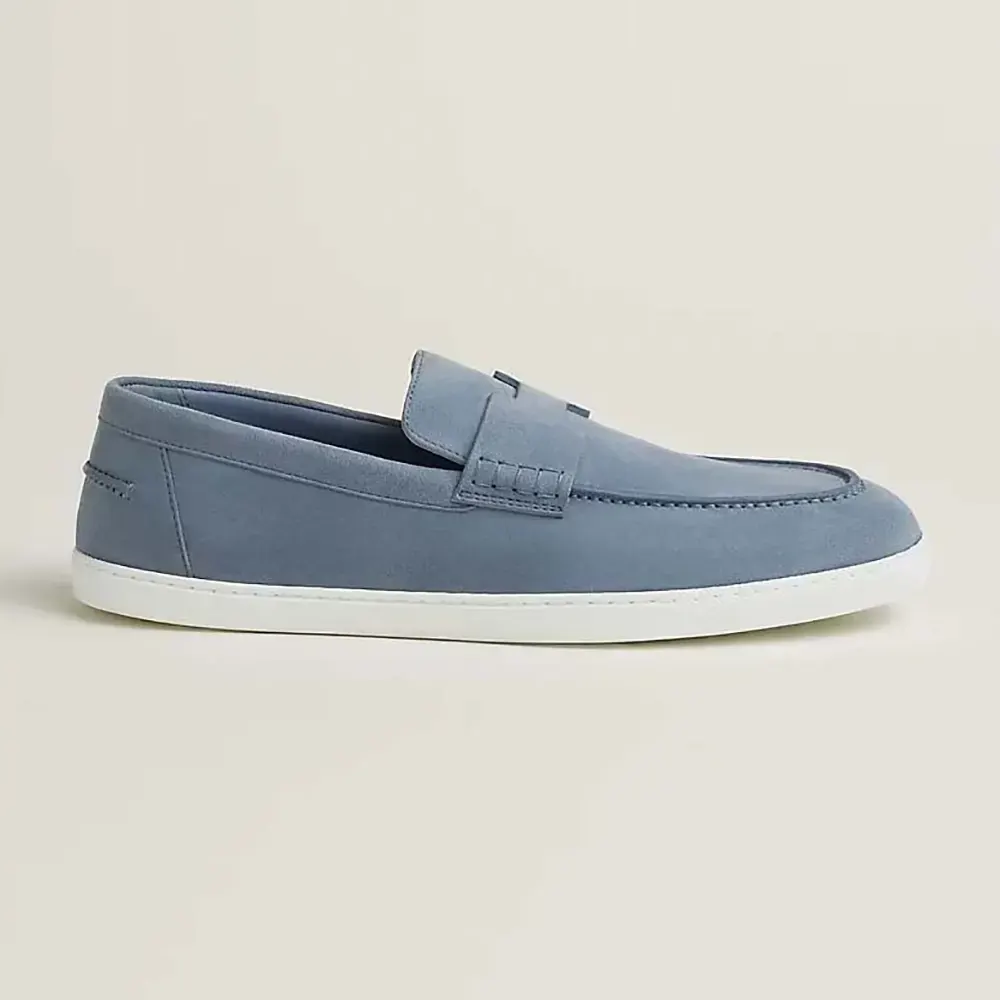 Side profile of Hermes Men Job Loafer Blue Lambskin Insole and Lining