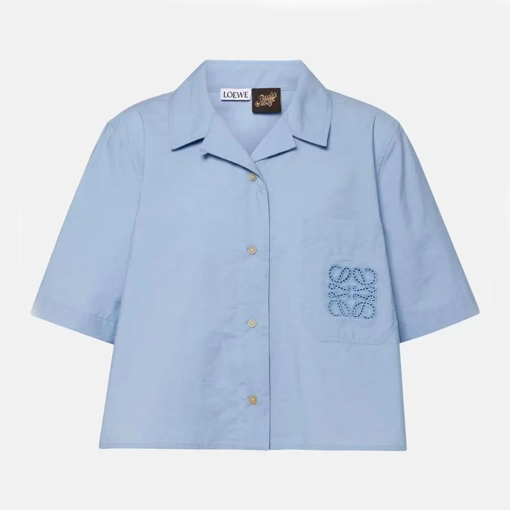 Front view of Loewe Women Blue Cotton Blend Cropped Shirt in vibrant blue