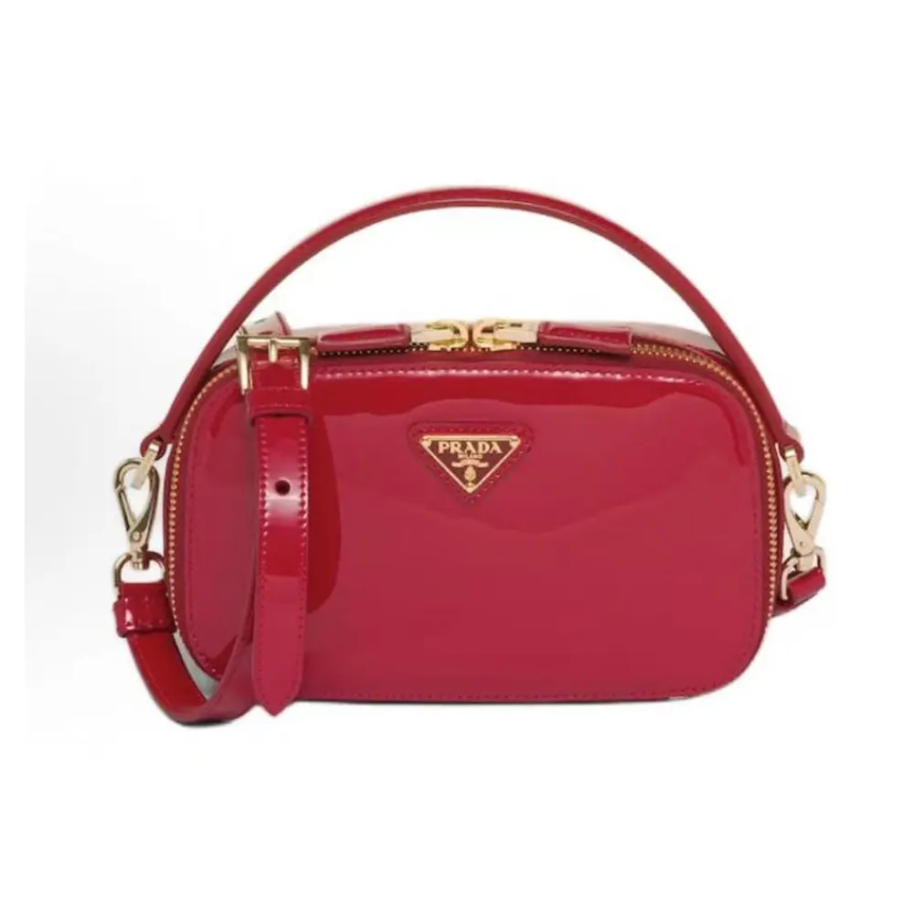 Front view of Prada Women Odette Patent Leather Mini-bag-Red with gold hardware