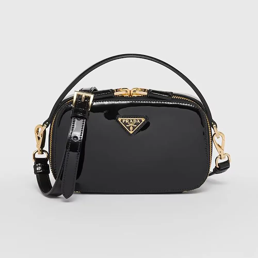 Front view of Prada Women Odette Patent Leather Mini-bag-Black with silver hardware