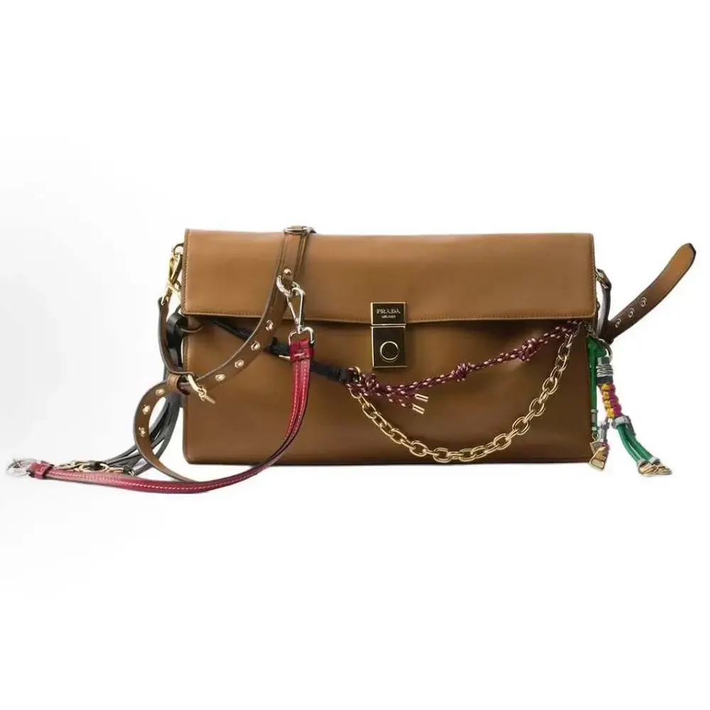 Front view of Prada Women Soft Sound Large Leather Shoulder Bag with Charms-Brown