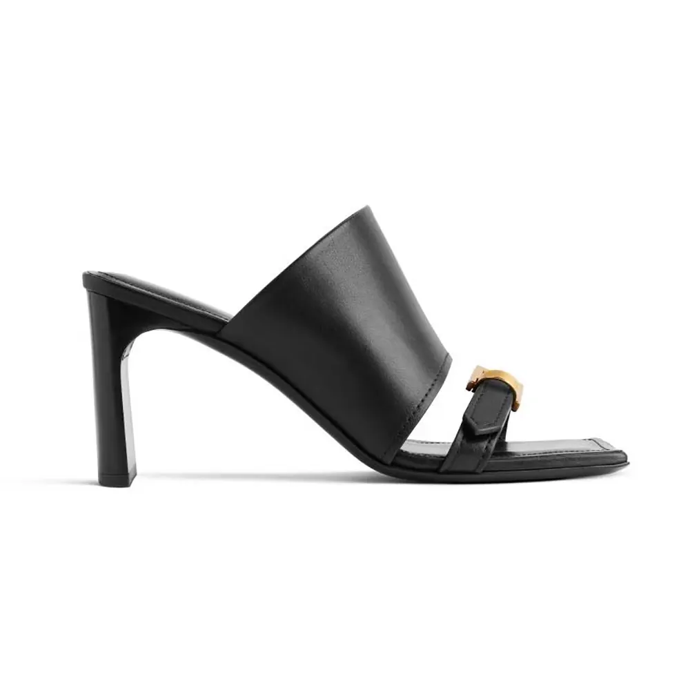 Side profile of Balenciaga Women Bel Air 80mm Sandal in black calfskin