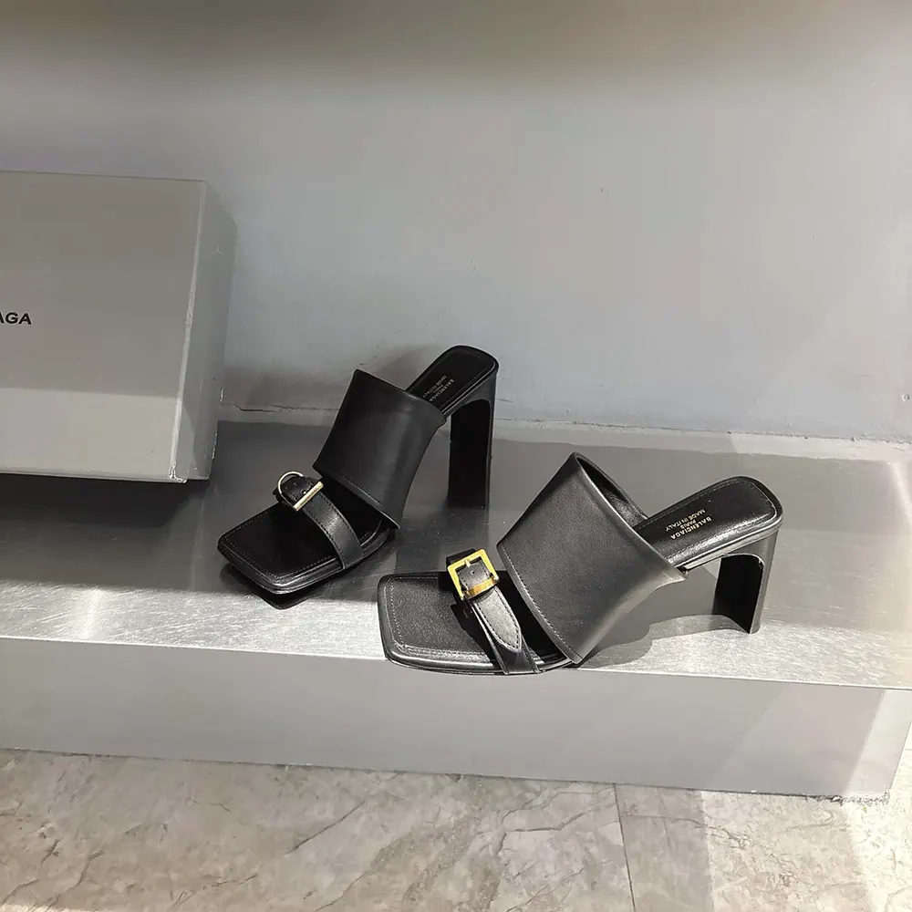 Rear view showing sleek 80mm heel of Balenciaga Women Bel Air Sandal