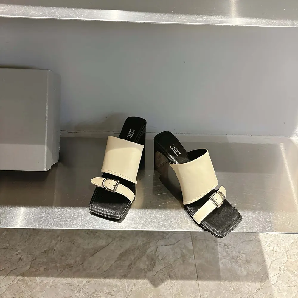 Top angle showing adjustable buckle and 80mm heel of Balenciaga sandal