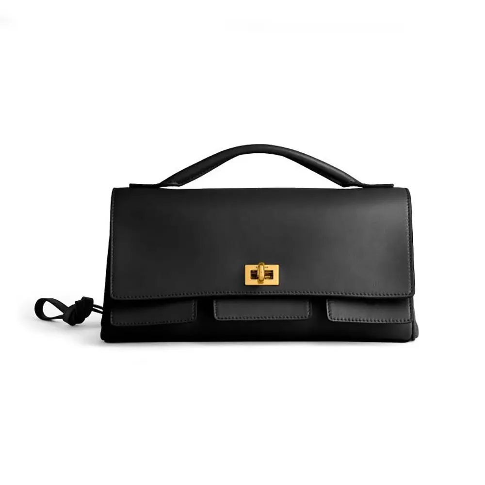 Front view of Balenciaga Women Bel Air Clutch On Strap Small in black calfskin