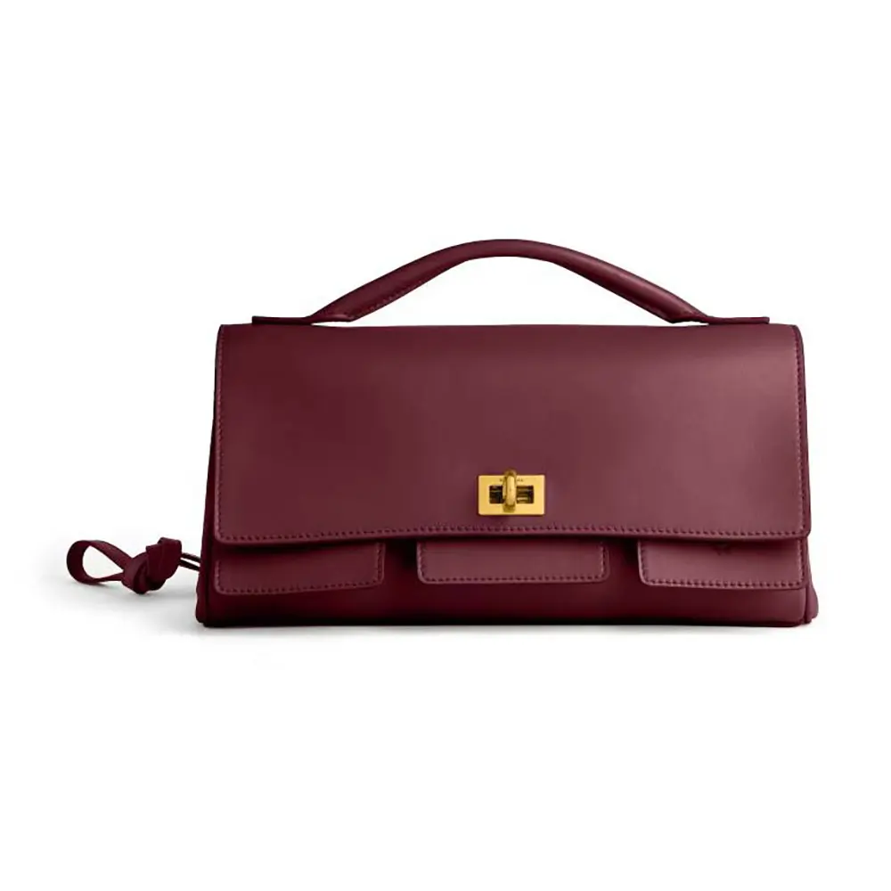Front view of Balenciaga Women Bel Air Clutch On Strap Small in Dark Burgundy