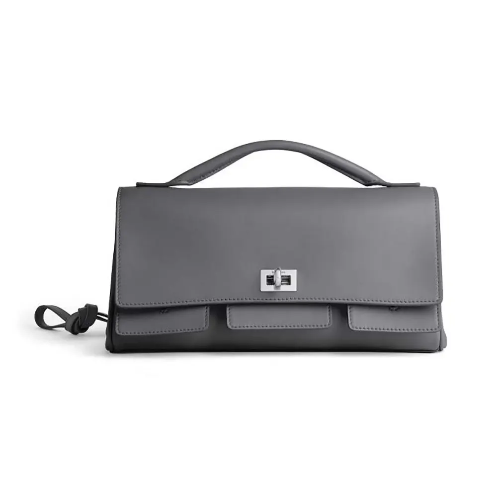Front view of Balenciaga Women Bel Air Clutch On Strap Small in Grey
