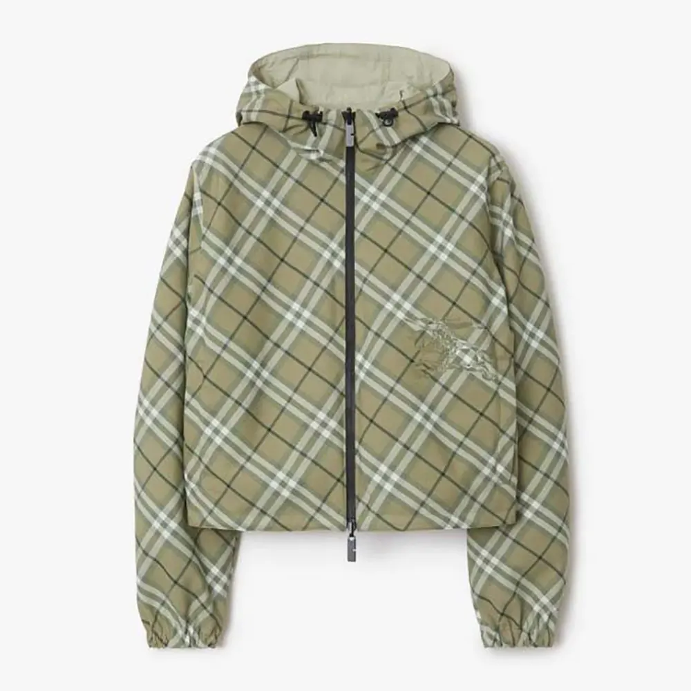 Front view of Burberry Women Cropped Reversible Check Hooded Jacket in dark green