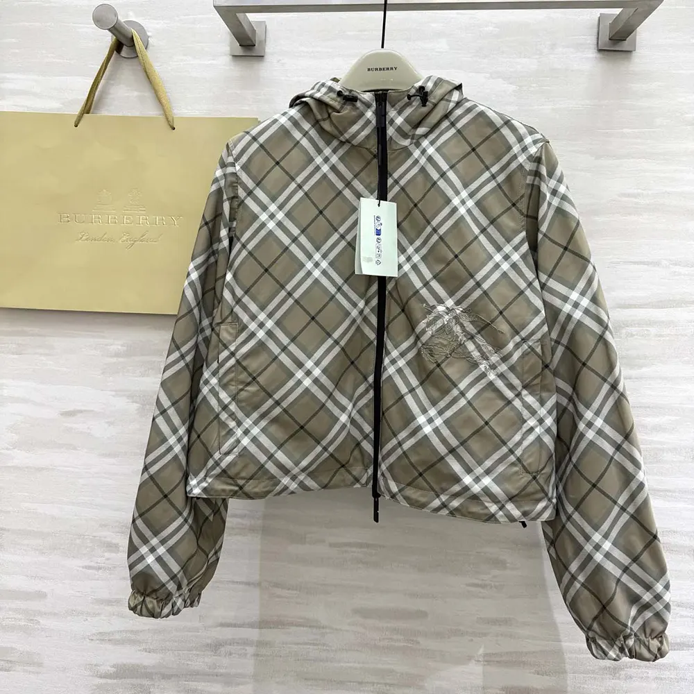 Close-up of Burberry Women Cropped Reversible Check Hooded Jacket zipper and hood detail