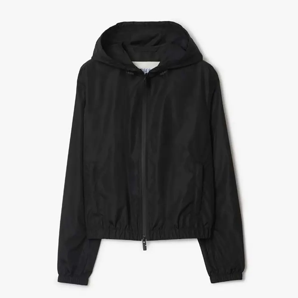 Front view of Burberry Men Knight Stamp Nylon Jacket-Black with closed zipper