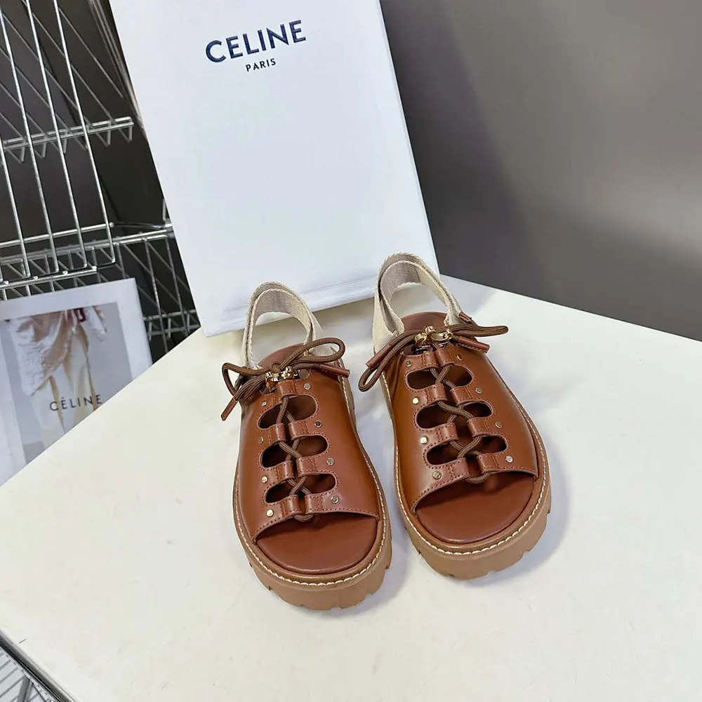Close-up on textured textile and leather of Celine Women Billie Chunky Sandal