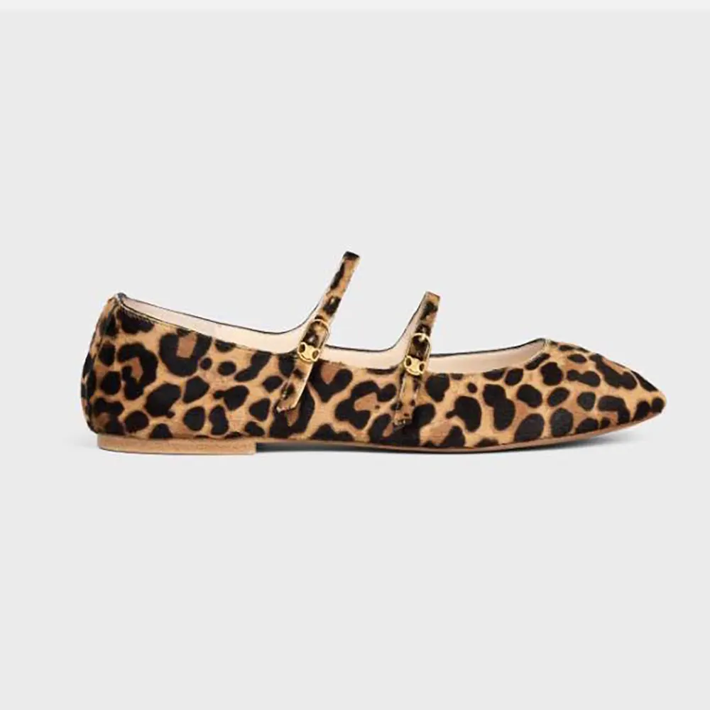 Side view of Celine Women Les Ballerines Celine Double Strap Ballerina in leopard print
