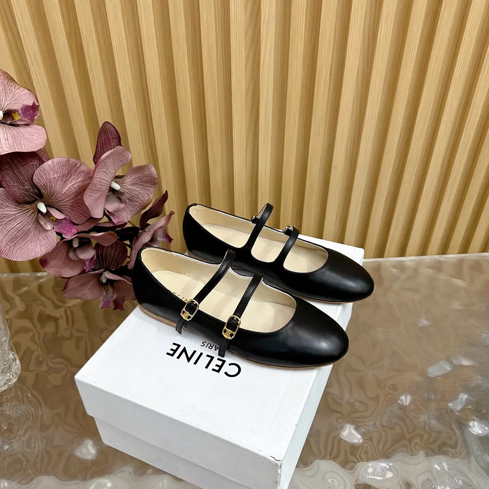 Close-up of double strap and gold hardware on Celine Women Les Ballerines Celine Double Strap