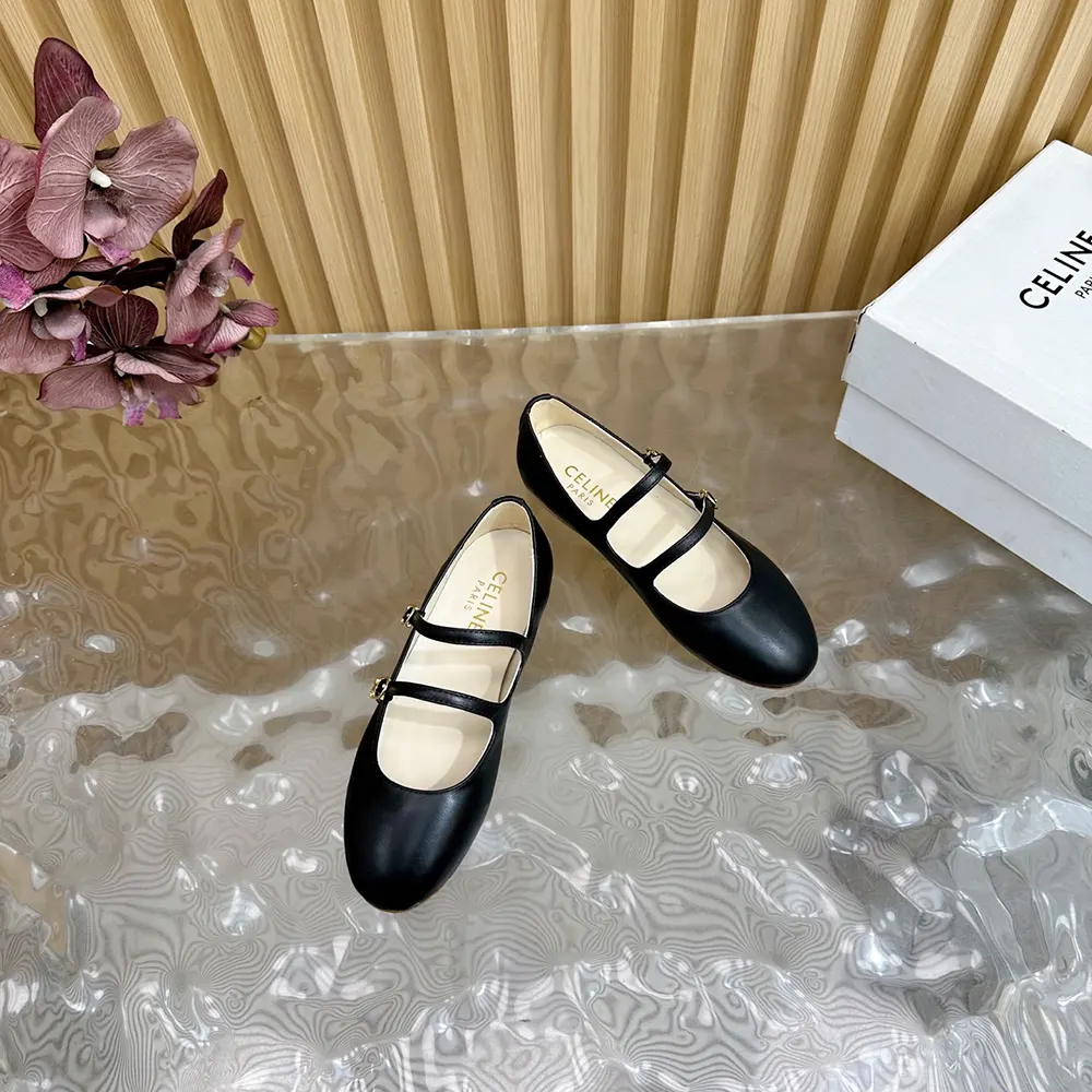 Top view showcasing sleek silhouette of Celine Women Les Ballerines Celine Double Strap