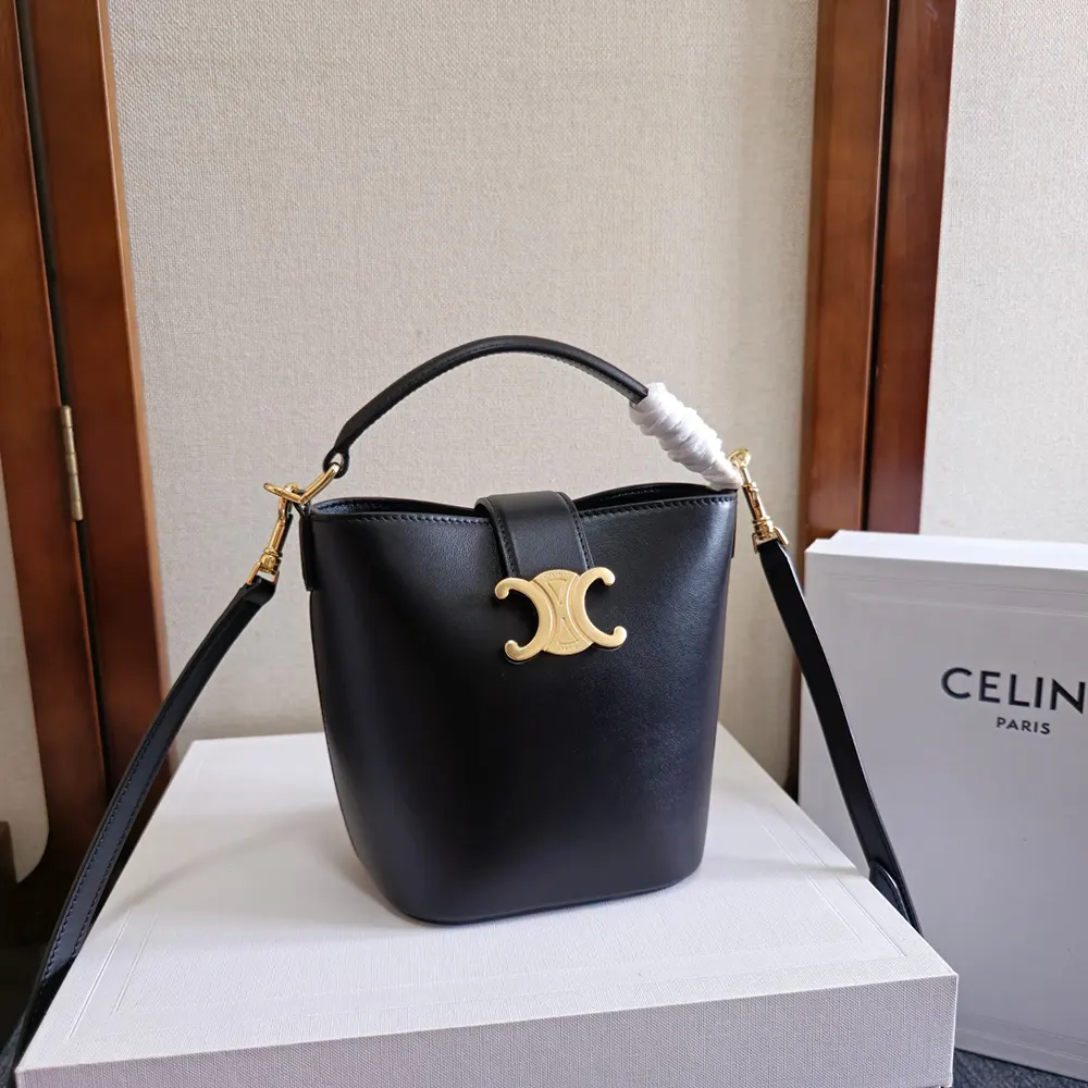 Close-up of gold-tone hardware and drawstring closure on Celine Small Bucket Louise