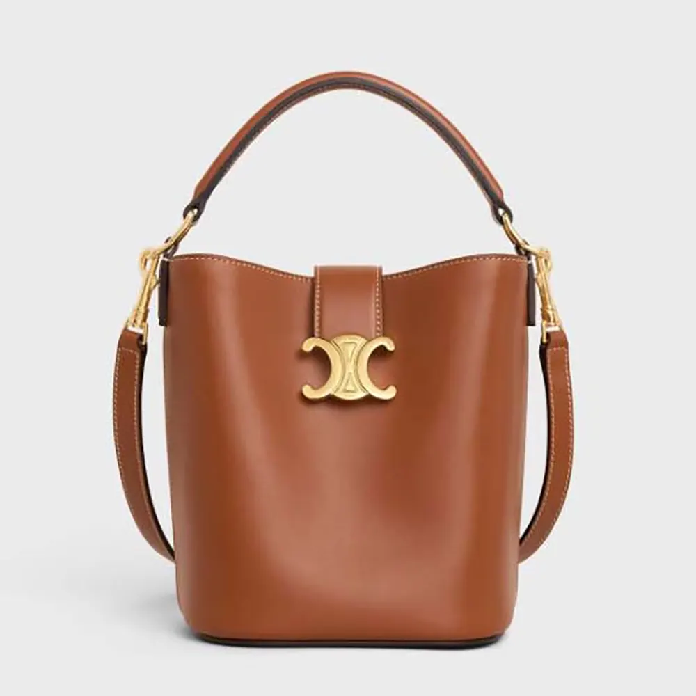 Front view of Celine Women Small Bucket Louise in Smooth Calfskin-Brown