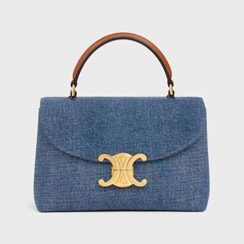 Front view of Celine Women Teen Nino Bag in Denim showing flap and gold hardware