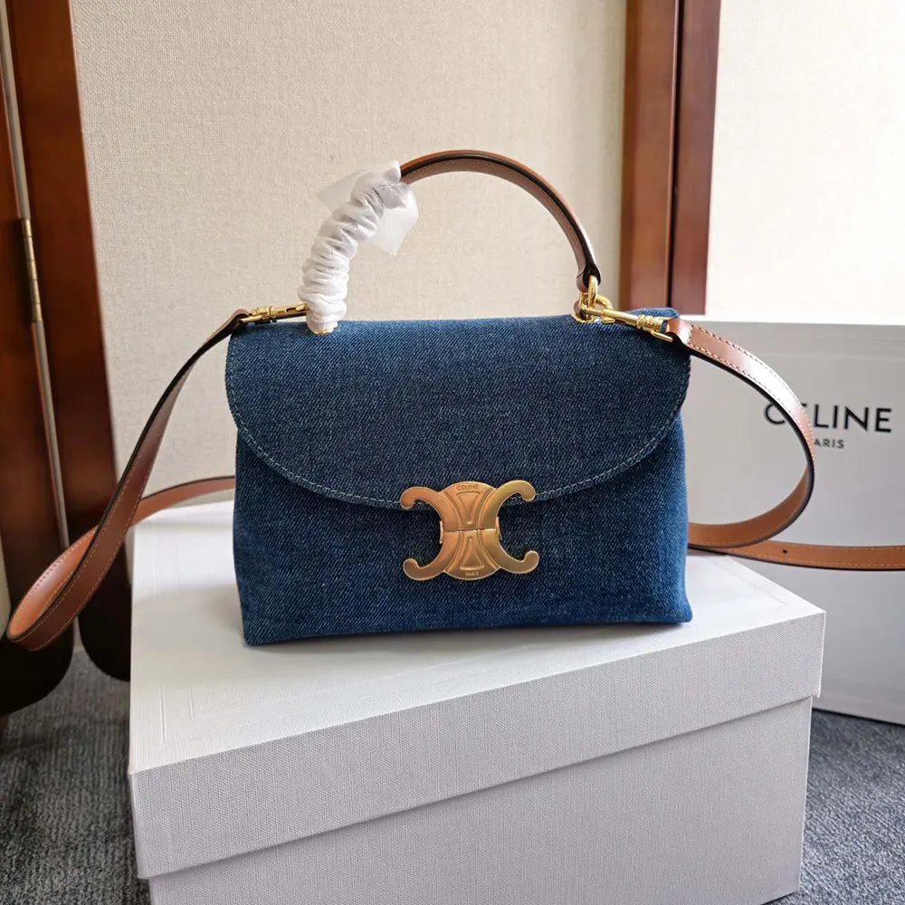 Close-up of gold-tone hardware detail on Celine Women Teen Nino Bag in Denim