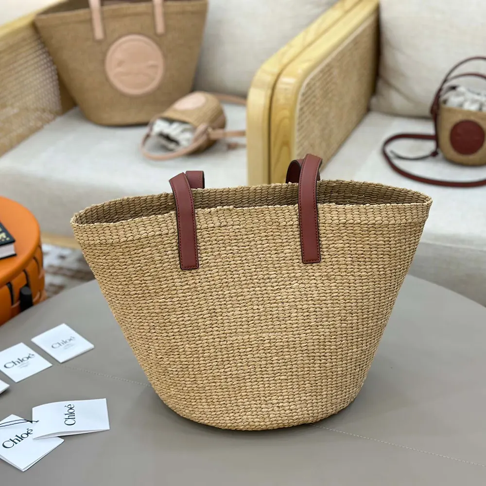 Side angle showing natural fiber texture on Chloe Women Large Horse Medal basket bag