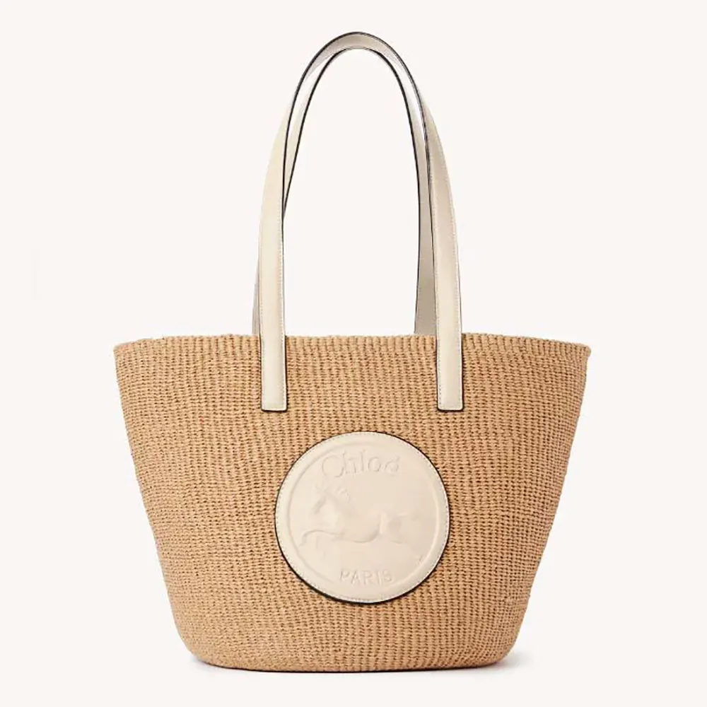 Front view of Chloe Women Large Horse Medal basket bag in white natural fibers