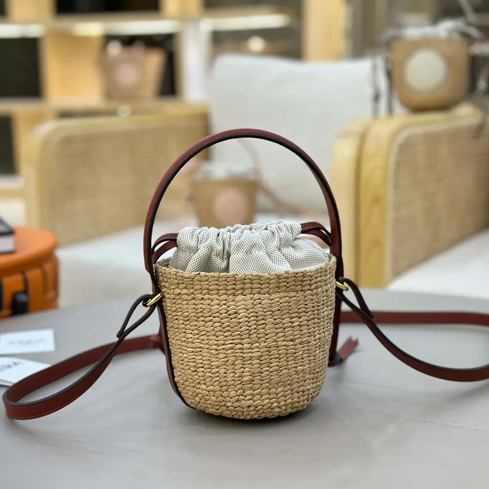 Side profile showing woven natural fibers and leather strap