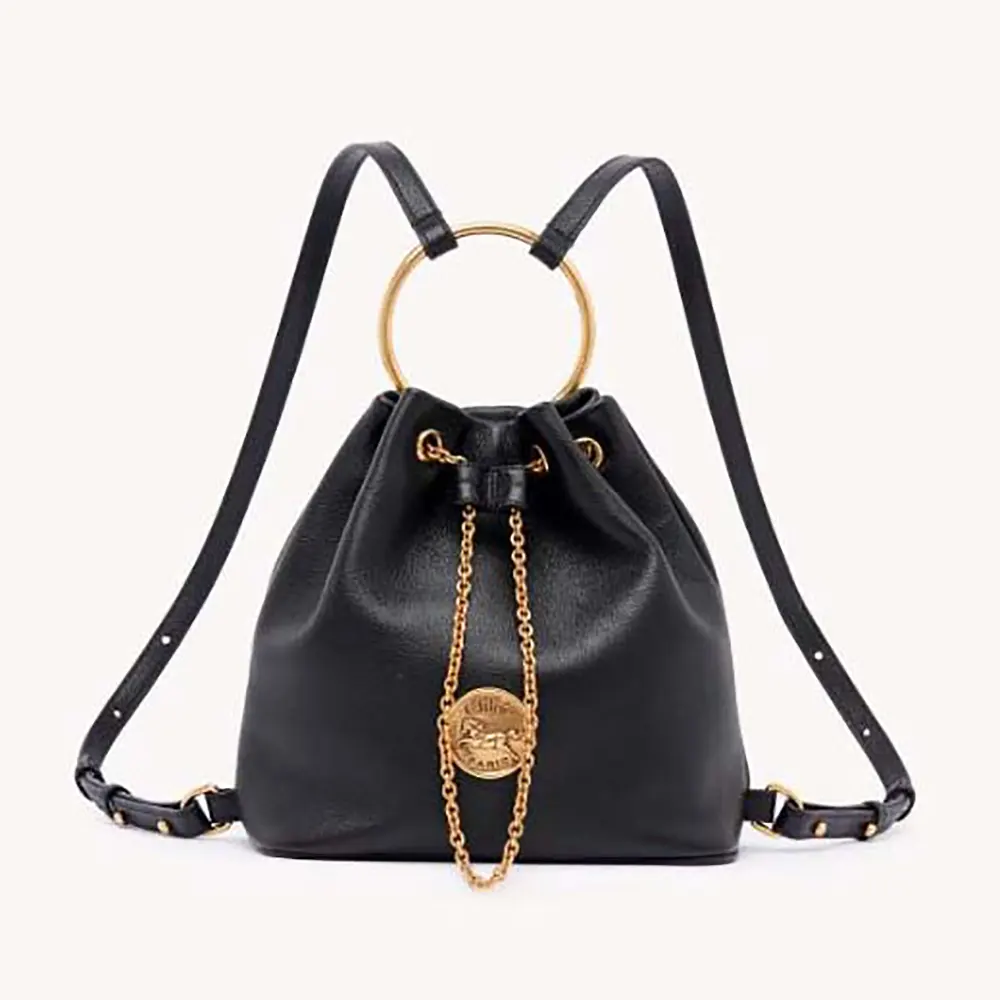 Front view of Chloe Women Small Bracelet Backpack in Grained Leather-Black