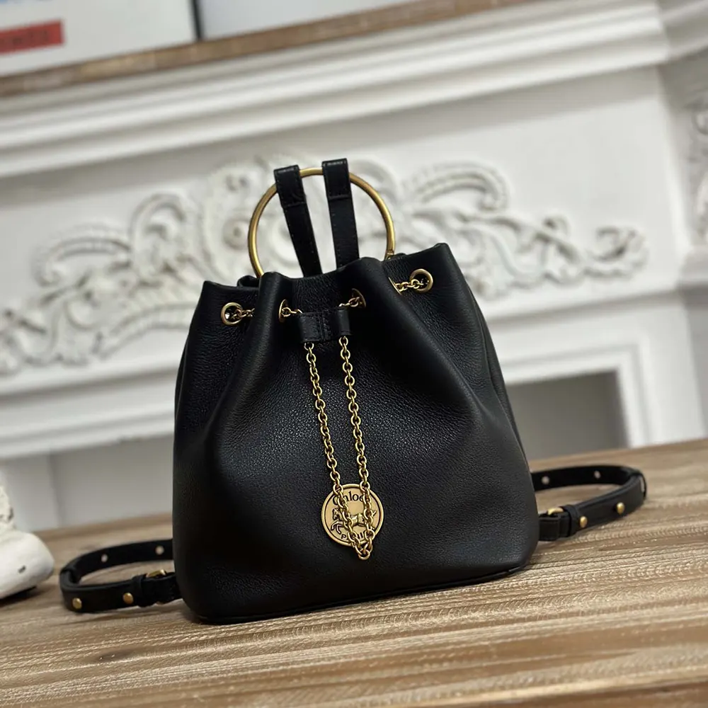 Close-up of gold-tone hardware and bracelet handle on Chloe backpack