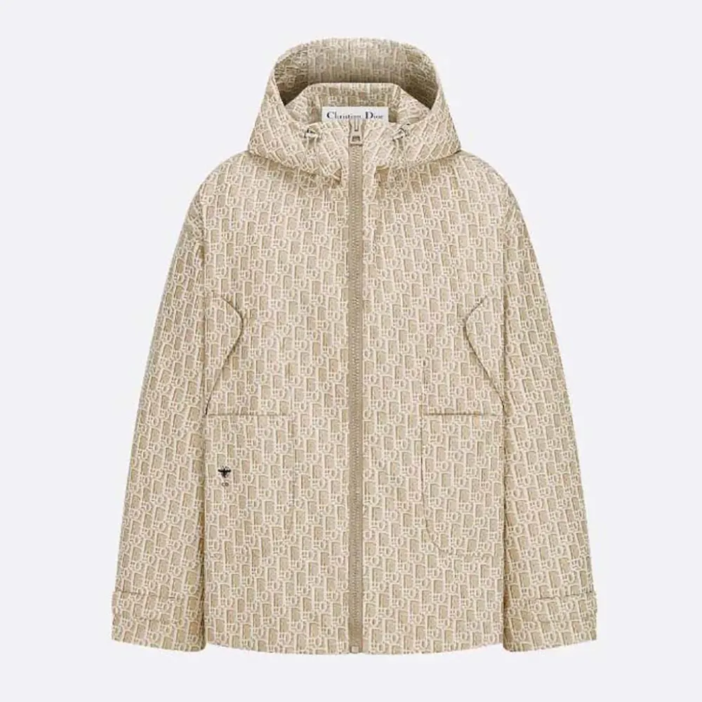 Front view of Dior Women Hooded Jacket Beige Technical Jacquard Taffeta with Dior Oblique Motif