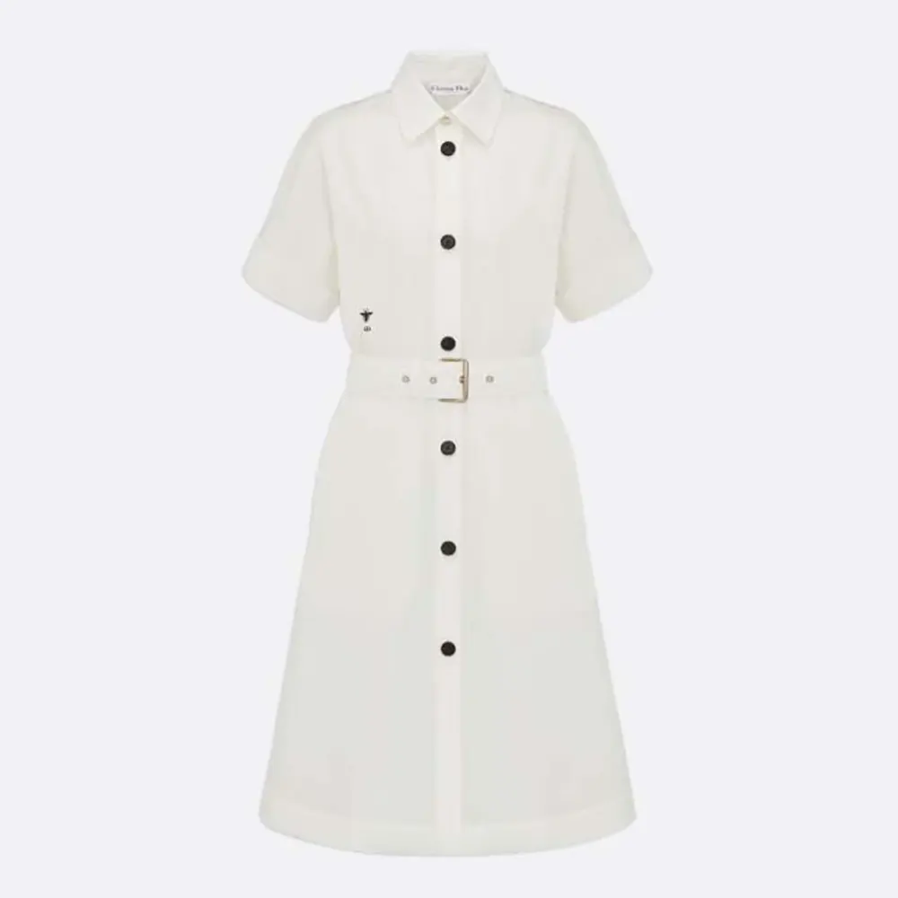 Front view of Dior Women Belted Shirtdress Ecru Cotton and Silk Poplin