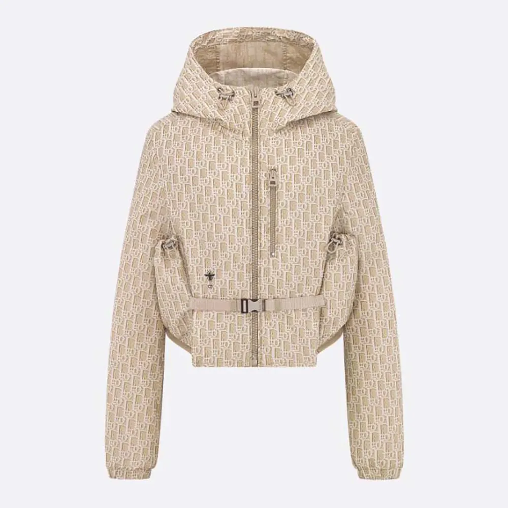 Front view of Dior Men Cropped Hooded Jacket Beige Technical Jacquard Taffeta with Dior Oblique Motif