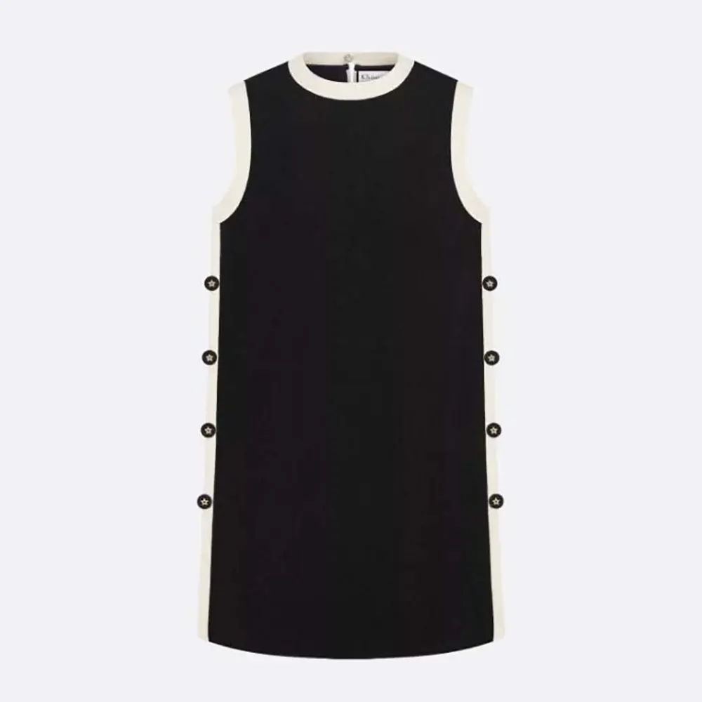 Front view of Dior Women Dioriviera Short Straight Dress Black and Ecru Technical Knit