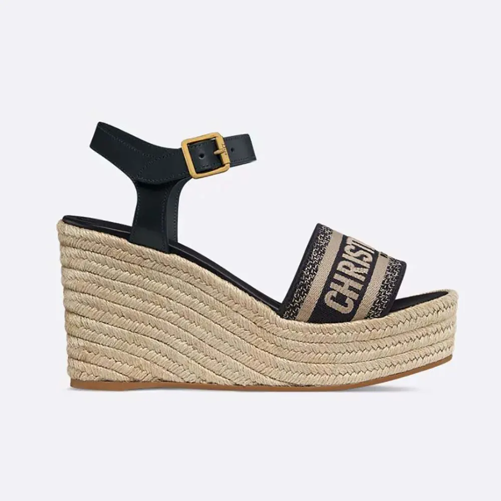 Side view of Dior Women Dway Wedge Sandal Deep Blue Calfskin and Embroidered Cotton