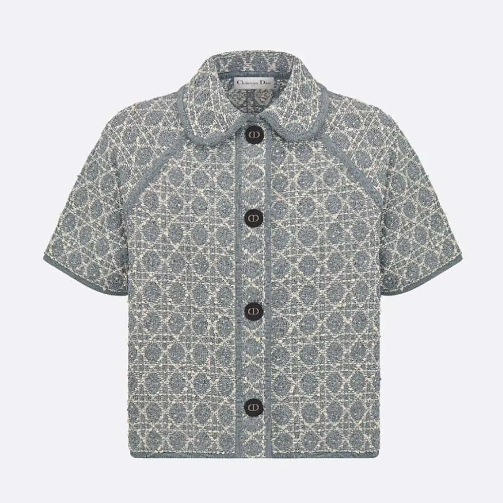 Front view of Dior Women Macrocannage Short-Sleeved Jacket Gray Cotton-Blend Tweed Knit