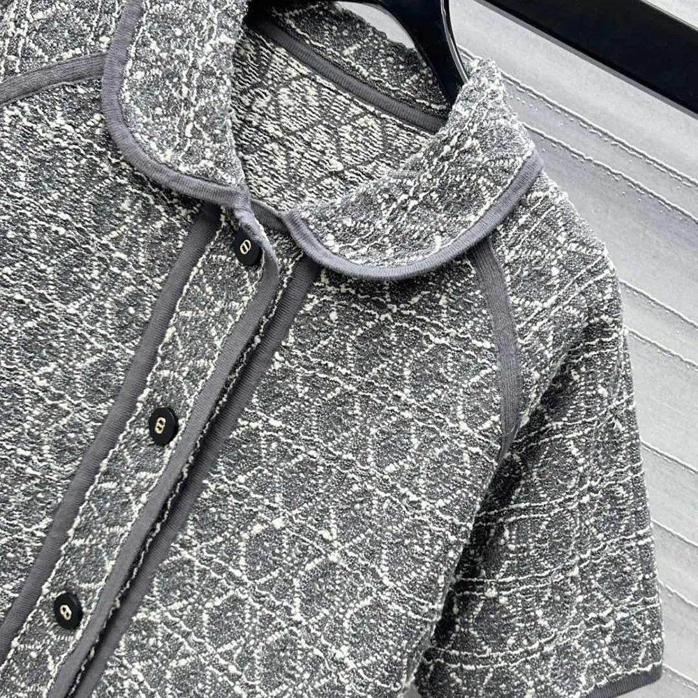 Dior Women Macrocannage Short-Sleeved Jacket Gray Cotton-Blend Tweed Knit - image 6