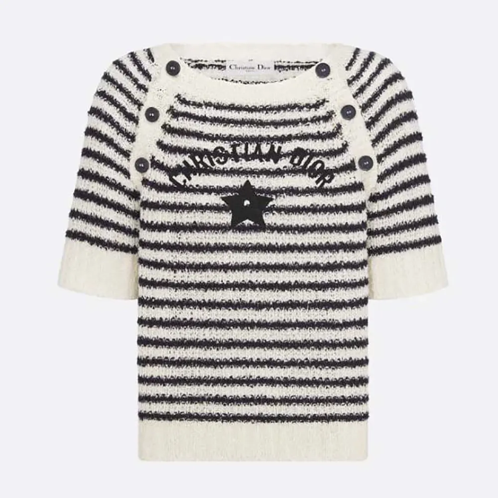 Front view of Dior Women Marinière Short-Sleeved Sweater in white and navy