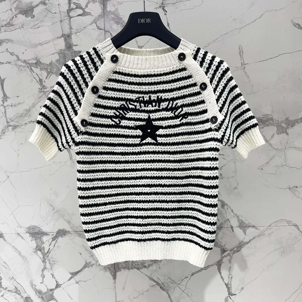 Side angle showing relaxed fit of Dior Women Marinière Short-Sleeved Sweater