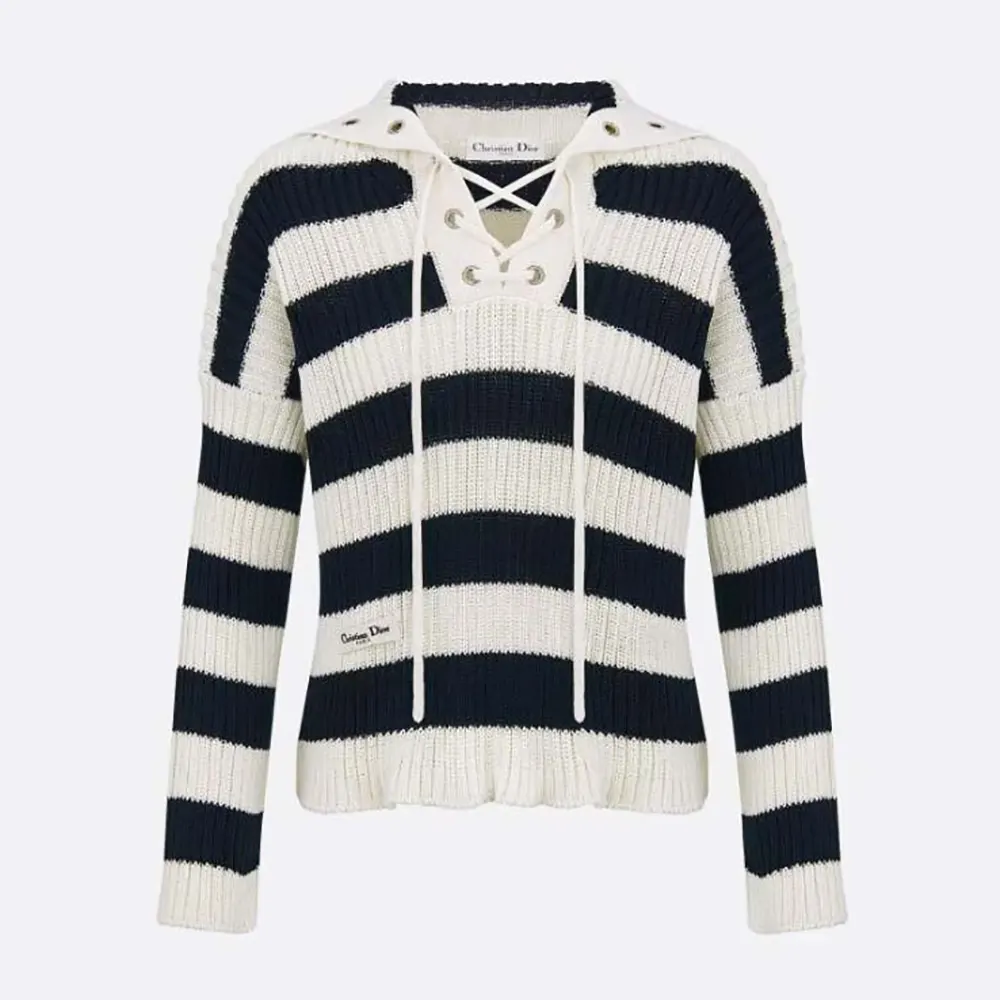 Front view of Dior Women Marinière Sweater White and Navy Blue Ribbed Cotton Knit