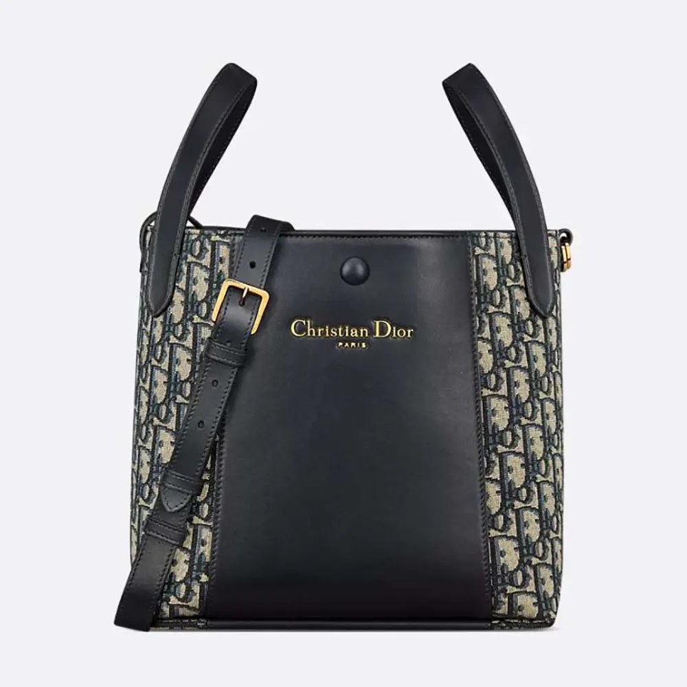 Front view of Dior Women Medium Signature Bucket Bag Blue Dior Oblique Jacquard