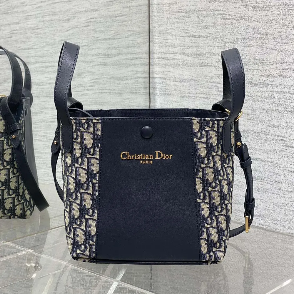 Side profile showing adjustable shoulder strap on Dior Medium Signature Bucket Bag