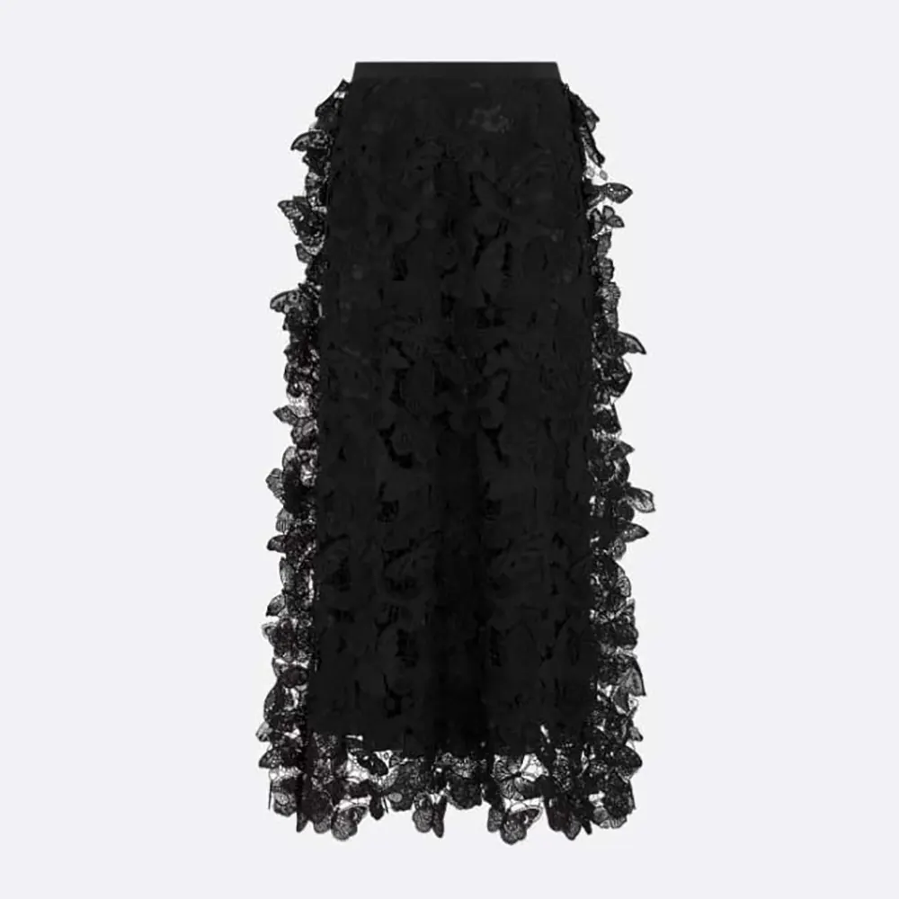 Front view of Dior Women Mid-Length Skirt Black Cotton-Blend Lace with butterfly motif