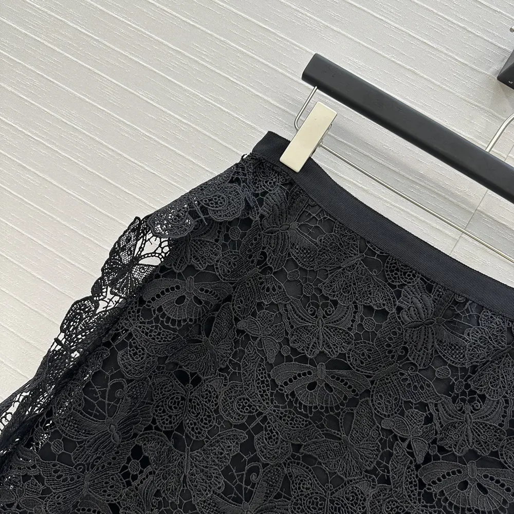 Dior Women Mid-Length Skirt Black Cotton-Blend Lace with Allover Butterfly Motif - image 4
