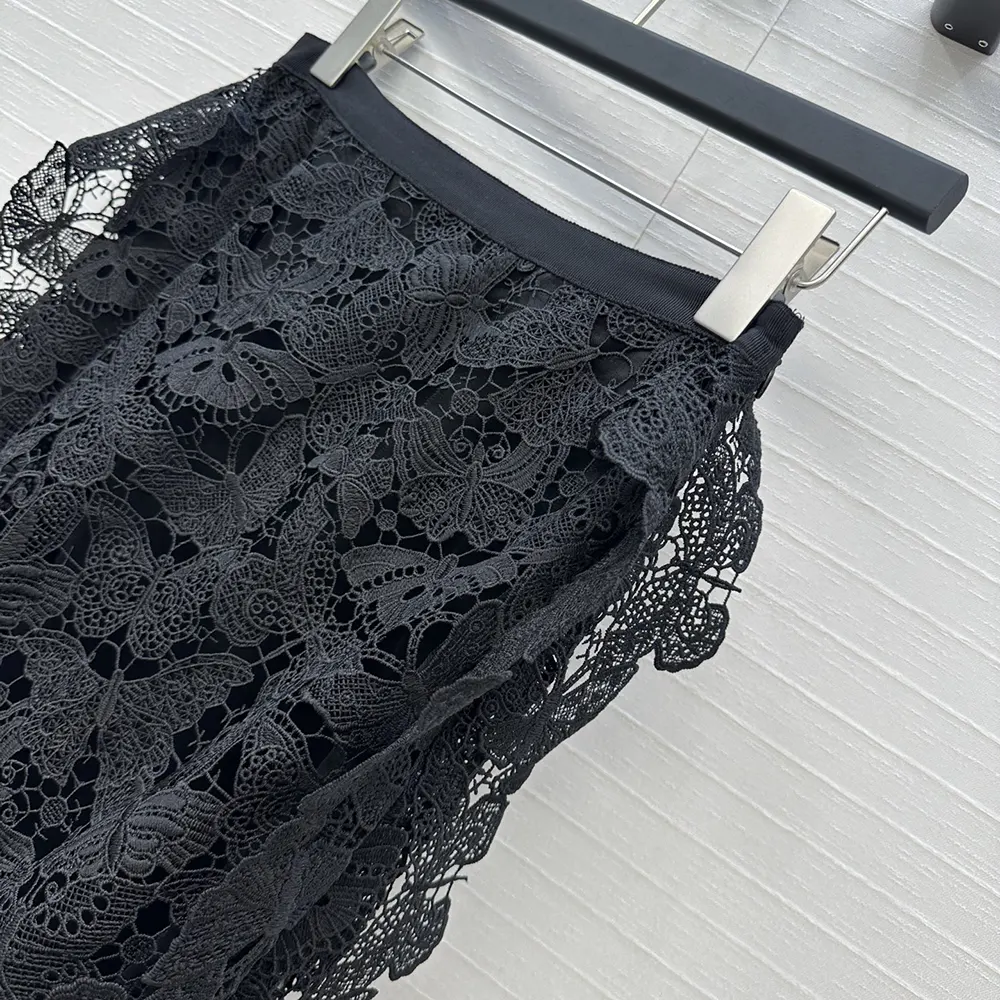Dior Women Mid-Length Skirt Black Cotton-Blend Lace with Allover Butterfly Motif - image 6