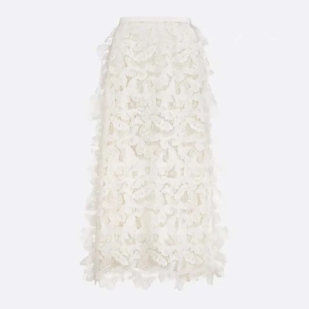 Front view of Dior Women Mid-Length Skirt Ecru Cotton-Blend Lace with Allover Butterfly Motif
