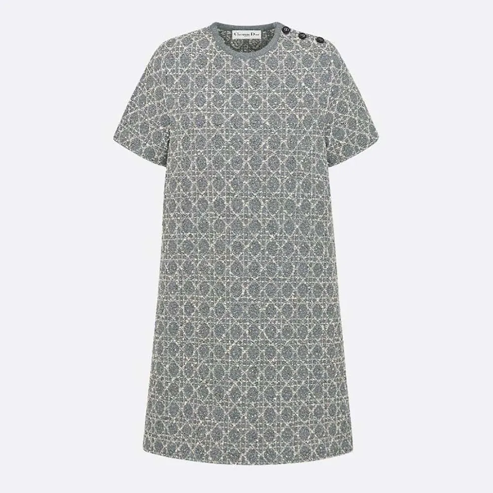 Front view of Dior Women Short Macrocannage Dress Gray Cotton-Blend Tweed Knit