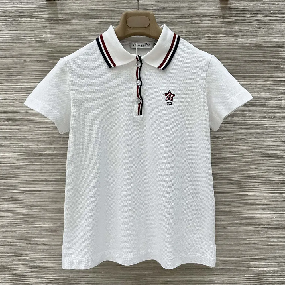 Close-up of three-tone signature collar detail on Dior Women Vibe Polo Shirt