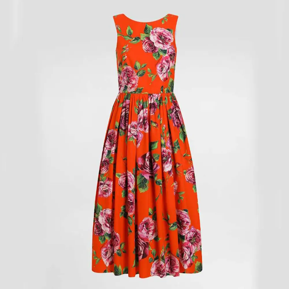 Front view of Dolce Gabbana D&G Women Cotton Calf-length Babydoll Dress with Rose Print